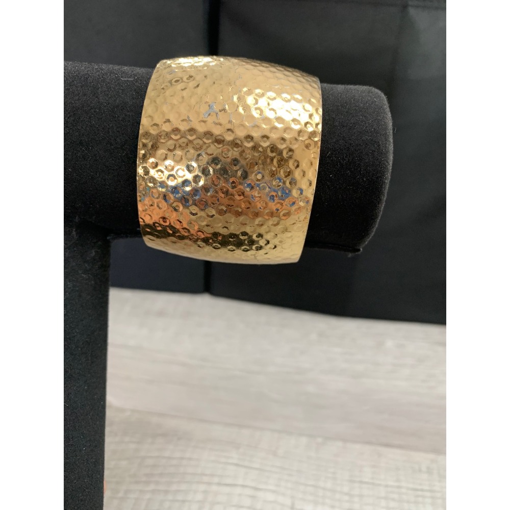 Banana Republic Hammered Gold Tone Wide Cuff Statement Bracelet BR Logo 3170